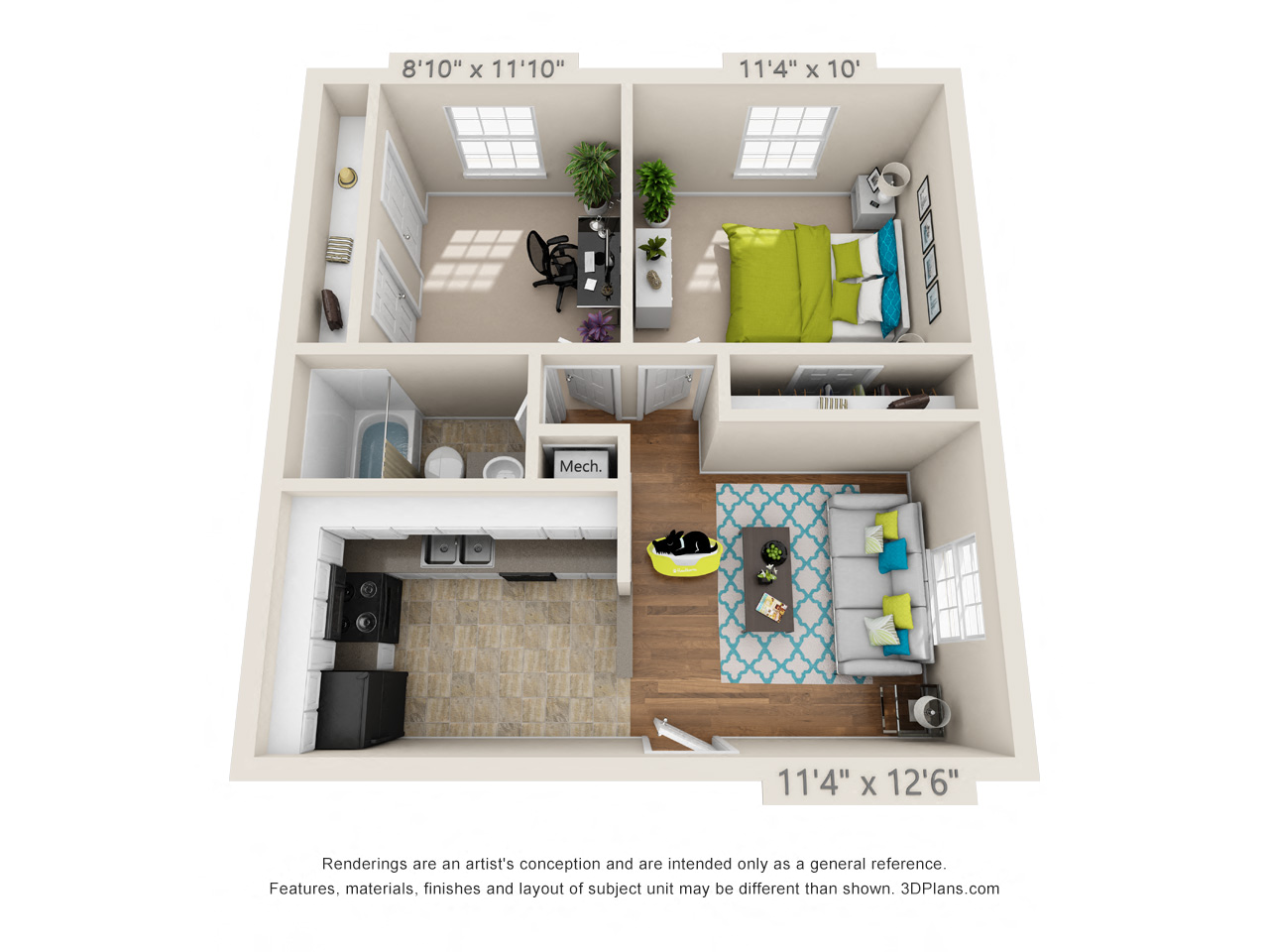 Floor plan for 1 bed, 1 bath, 600 sqft
